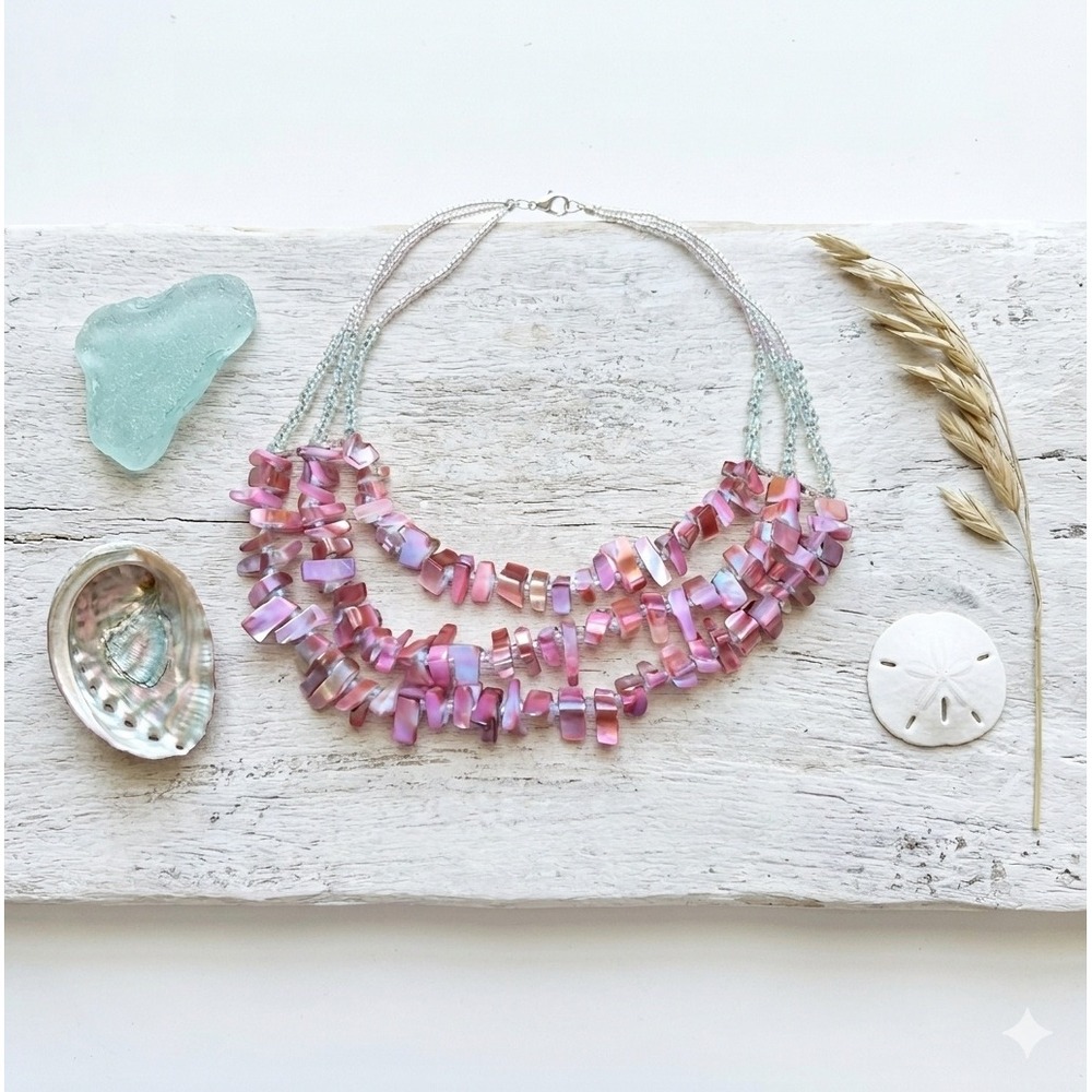 Handcrafted Pink Mother-of-Pearl Multi-Strand Necklace Beach Chic‎ Coastal